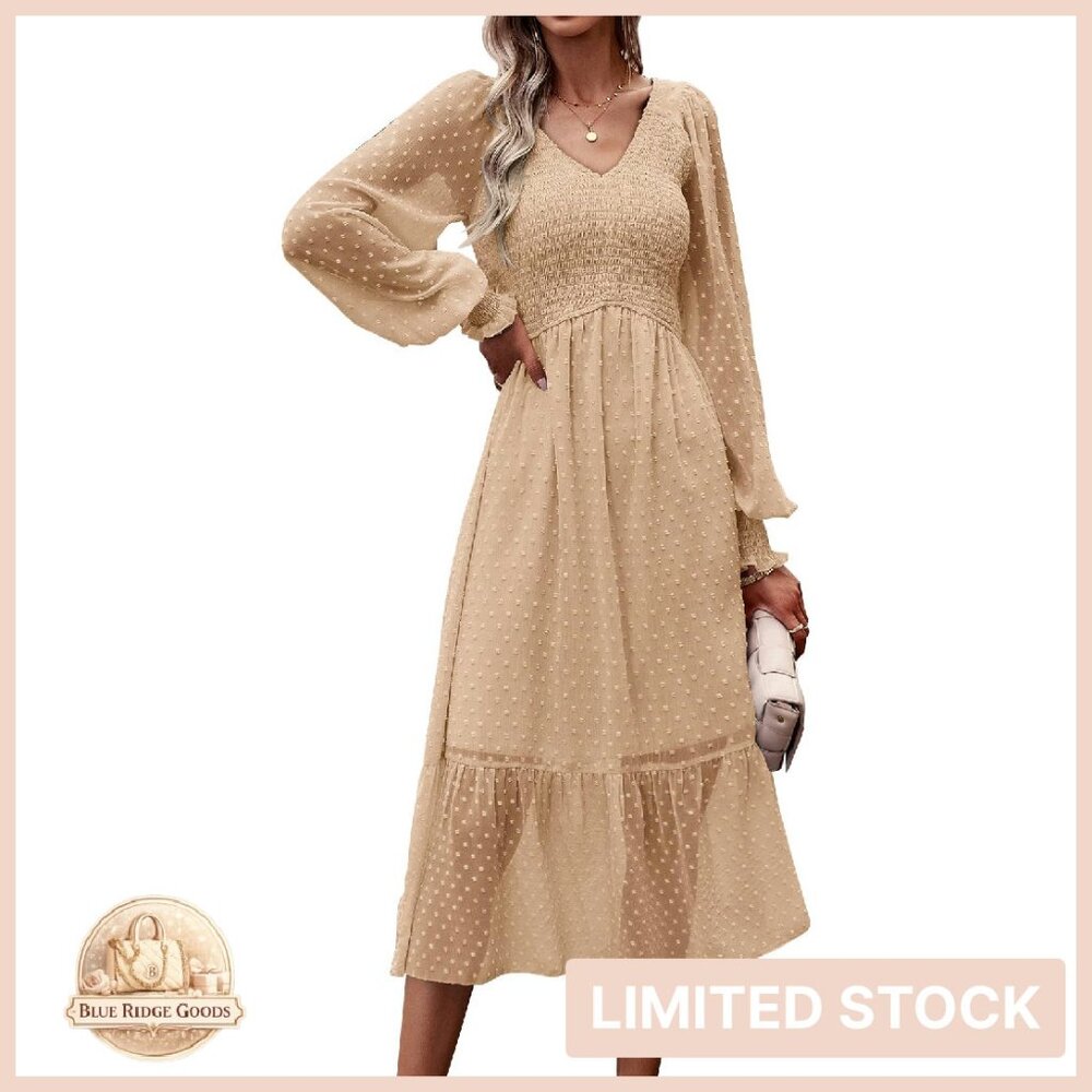 Swiss Dot Chiffon Midi Dress V Neck Smocked Empire Waist Elegant Flowy